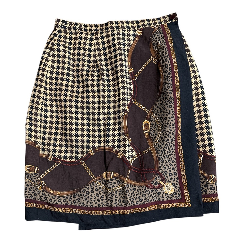Vintage 1990s Talbots Petite Houndstooth & Chain Print Silk Skirt size 2
